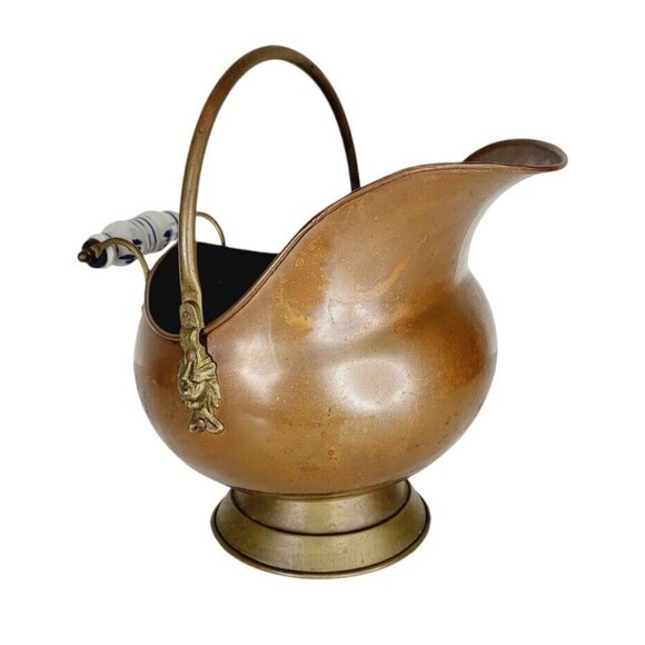 Antique Copper Brass Lion Head Hot Ash Scuttle Bucket Delft Porcelain Handle - Picture 9 of 13